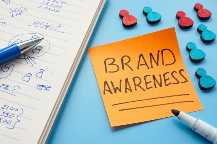 A sticky note showing "Brand Awareness"