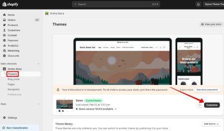 Screenshot of the Shopify admin showing how to access the Shopify theme editor