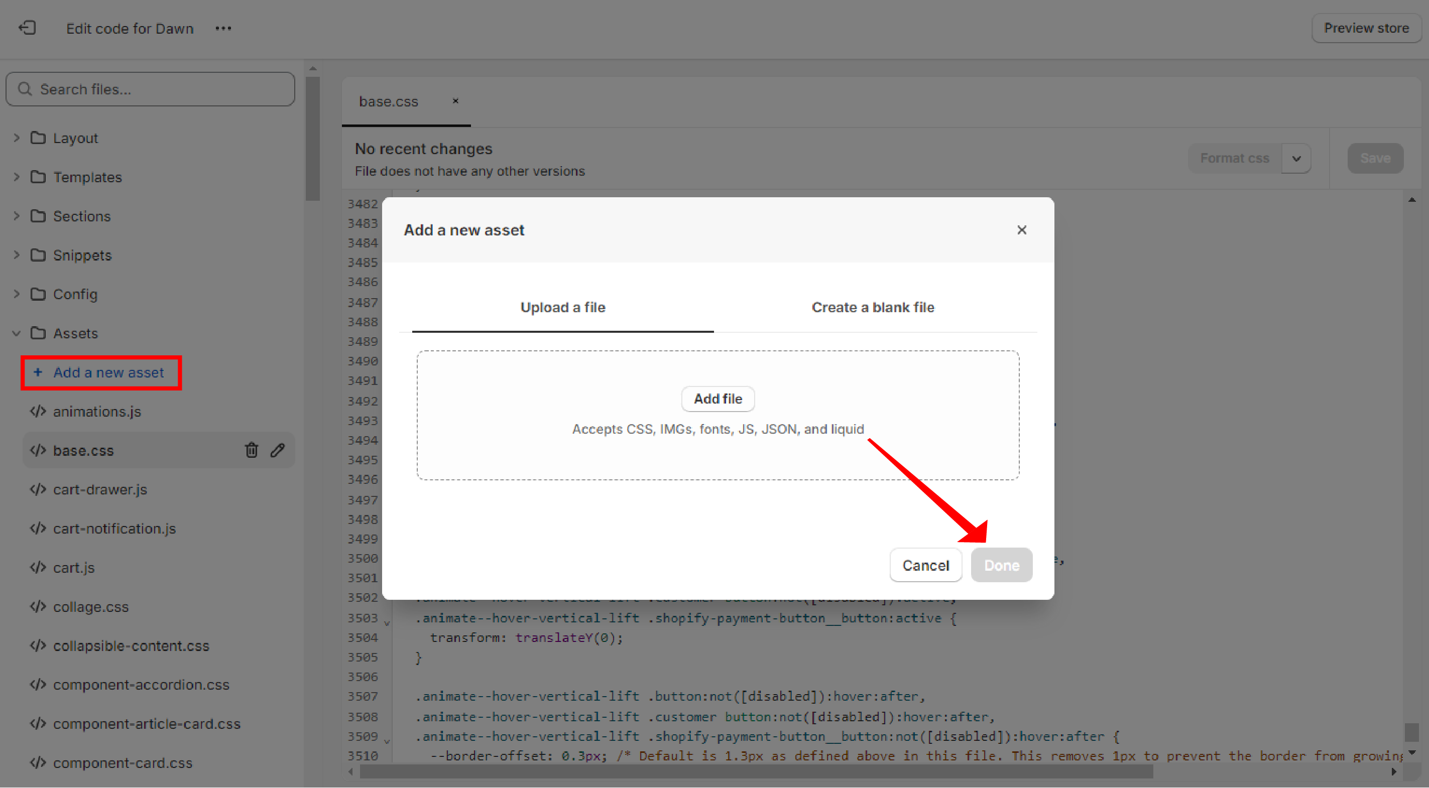 Screenshot of Shopify's theme code editor showing how to add an asset.