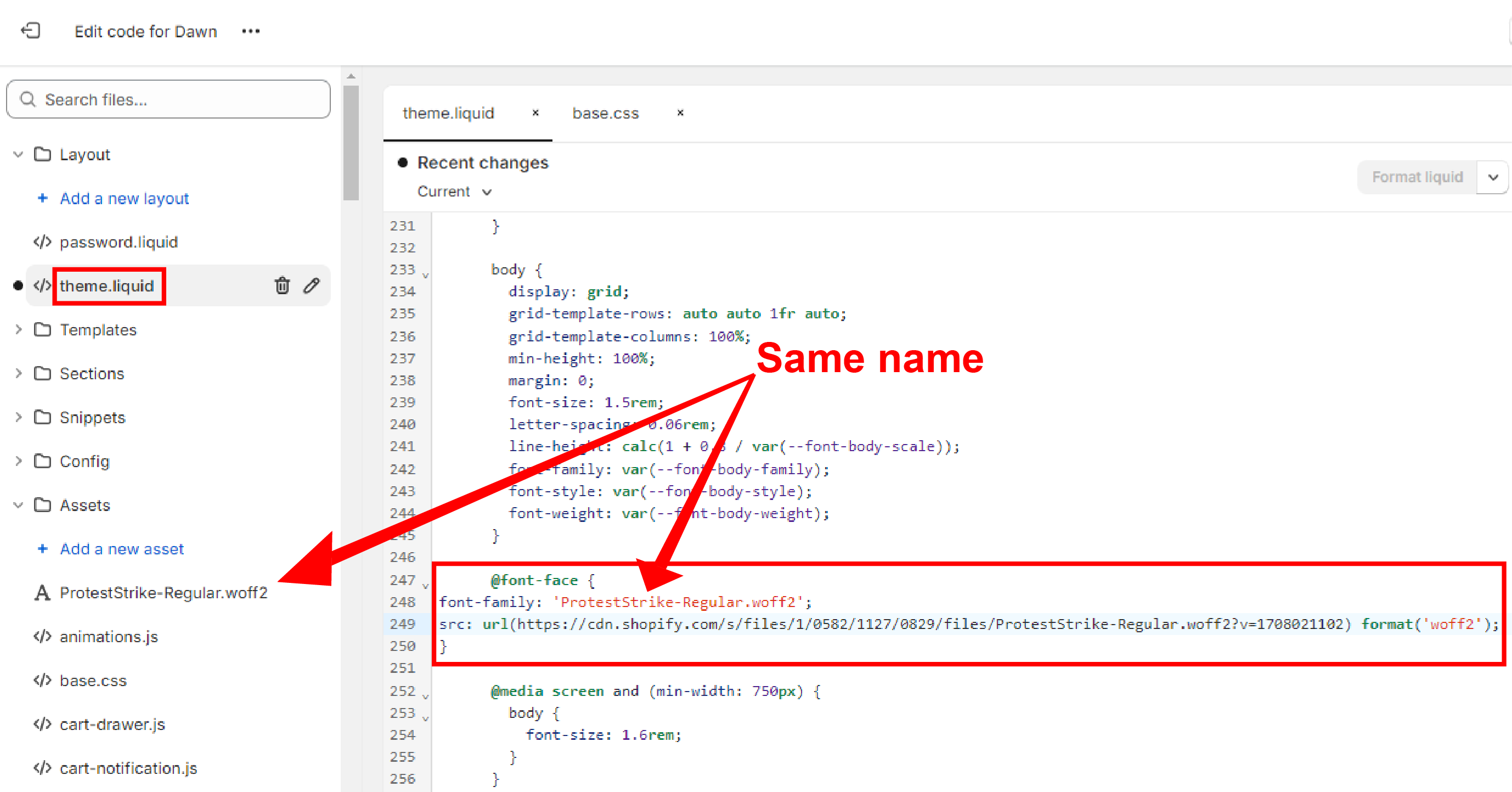 Screenshot of Shopify's theme code editor showing where to input the code.