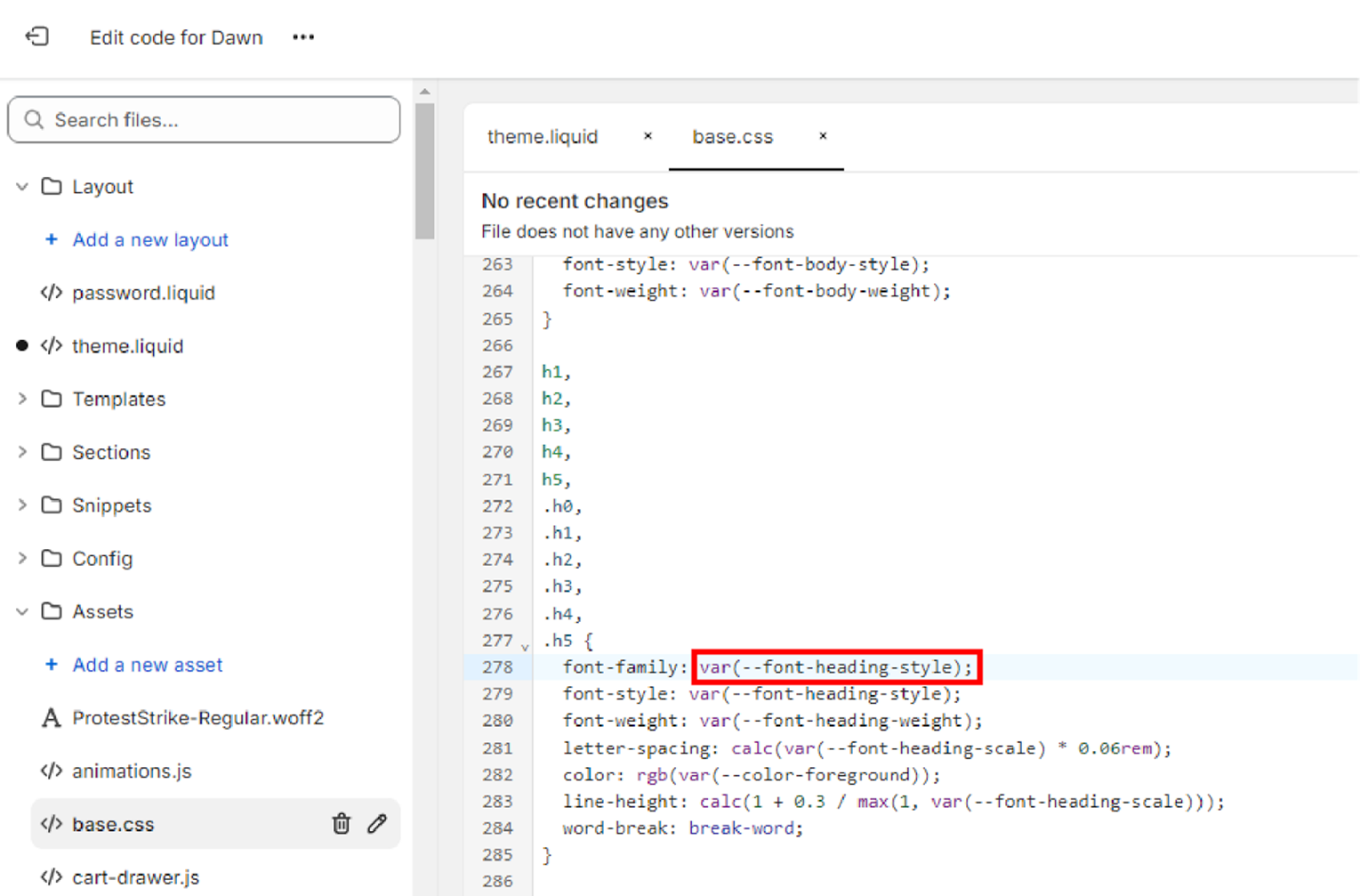 Screenshot of Shopify's theme code editor showing what code controls header fonts.