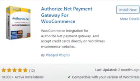 A screenshot of the Authorize.Net Payment Gateway for WooCommerce plugin by Pledged Plugins on WordPress.