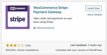 A screenshot of the WooCommerce Stripe Payment Gateway plugin by WooCommerce on WordPress.