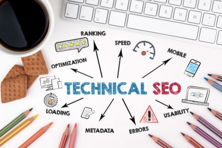 Technical SEO text with icons of parts